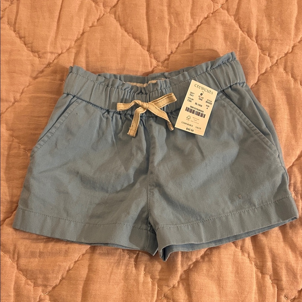 Crewcuts NWT Toddler 4T Girl Blue Paperbag Waist Chino Shorts with Tan Bow